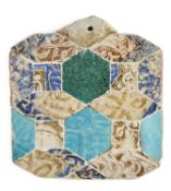 A SMALL TILE MOSAIC PANEL COMPOSED OF EARLY ISLAMIC TILE FRAGMENTS, PERSIA, MOSTLY 13TH CENTURY