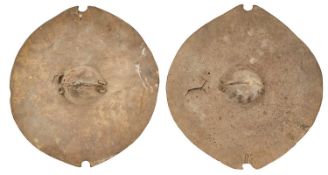 TWO AFRICAN CIRCULAR HIDE SHIELDS, LATE 19TH CENTURY