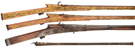 AN 8 BORE INDIAN MATCHLOCK GUN, 18TH/EARLY 19TH CENTURY; A DETACHED RIFLE BARREL,
