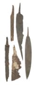 A NORTH EUROPEAN SCRAMASAX, PROBABLY 7TH/9TH CENTURY AND FOUR FURTHER IRON EDGED WEAPONS
