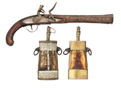 A FLINTLOCK TRADE PISTOL AND TWO NORTH AFRICAN FLASKS, 19TH/20TH CENTURY