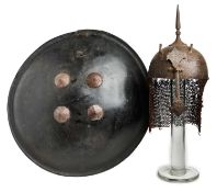 AN INDO-PERSIAN KULAH KHUD AND LAQUERED HIDE SHIELD (DHAL), 19TH CENTURY