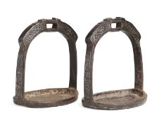 A PAIR OF CHINESE SILVER INLAID STIRRUPS, QING DYNASTY, 19TH CENTURY