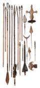 SIX INDIAN ARROWS, EARLY 19TH CENTURY, AN IRON HILT FOR AN INDIAN TALWAR, THREE AXES,