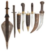 A LARGE AFRICAN SPEARHEAD, A DAGGER (JAMBIYA), A COPPER ALLOY ANCIENT STYLE DAGGER,