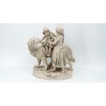 A Bohemian Royal Dux figural porcelain group of two children on a dog