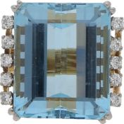Aquamarin-Brillant-Ring Prunkvolles Design in Gelbgold/Weissgold 18K, zentral mit einem Aquamarin in