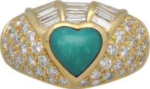 Diamant-Ring Dekoratives Design in Gelbgold 18K, im Zentrum ein türkiser Anden-Opal in Herzform