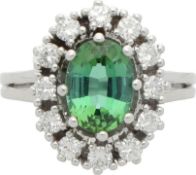 Turmalin-Brillant-Ring Entourage Ring in Weissgold 18K mit einem grünen Turmalin von ca. 2 ct im