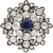 Saphir-Diamant-Brosche Antike Brosche in Weissgold 9K mit Altschliff-Diamanten von zus. ca. 5 ct (