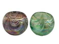 TWO ART GLASS IRREDESCENT BOWLS FEATURING SWIRL PATTERNS