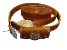 TWO WESTERN THEMED LEATHER BELTS AND SILVERPLATED BELT BUCKLES INCLUDING A STETSON BELT AND CRUMR...