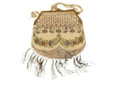 ANTIQUE FLORAL BEADED PURSE WITH BRASS FRAME