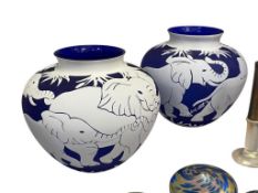 PAIR OF 1993 ARTHUR COURT COBALT BLUE WITH WHITE OVERLAY ELEPHANT HERD VASES