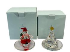 PAIR OF CHRISTMAS THEMED PARTYLITE CRYSTAL TEA LIGHT HOLDERS INCLUDING SANTA AND A CHRISTMAS TREE