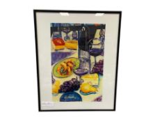 STILL LIFE PRINT OF WINE, CHEESE, AND FRUIT PAIRING SPREAD