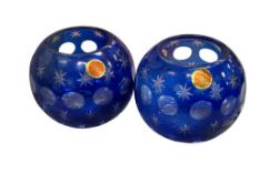 PAIR OF SNOWFLAKES COBALT BLUE GLASS CUT TO CLEAR CANDLE VOTIVE TEA LIGHT HOLDERS