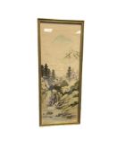 ANTIQUE JAPANESE SIGNED WATERCOLOR ON SILK OF MOUNTAINSIDE VILLAGE