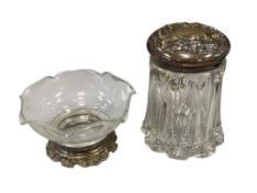 PAIR OF SILVERPLATED AND GLASS TABLEWARE INCLUDING ART NOUVEAU DRESSER JAR AND RUFFLED RIM BOWL