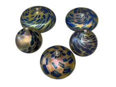 SET OF FIVE GLASS EYE STUDIO HAND BLOWN COBALT BLUE AND GOLD SWIRL OIL LAMPS