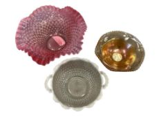 COLLECTIBLE GLASS BOWLS INCLUDING FENTON PINK HOBNAIL AND ANCHOR HAWKING MOONTSTONE BOWL