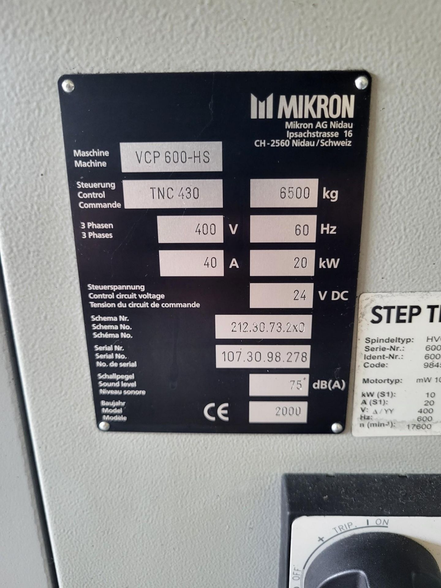 2000 MIKRON VCP 600 VERTICAL MACHINING CENTER, 42,000 RPM - Image 11 of 23
