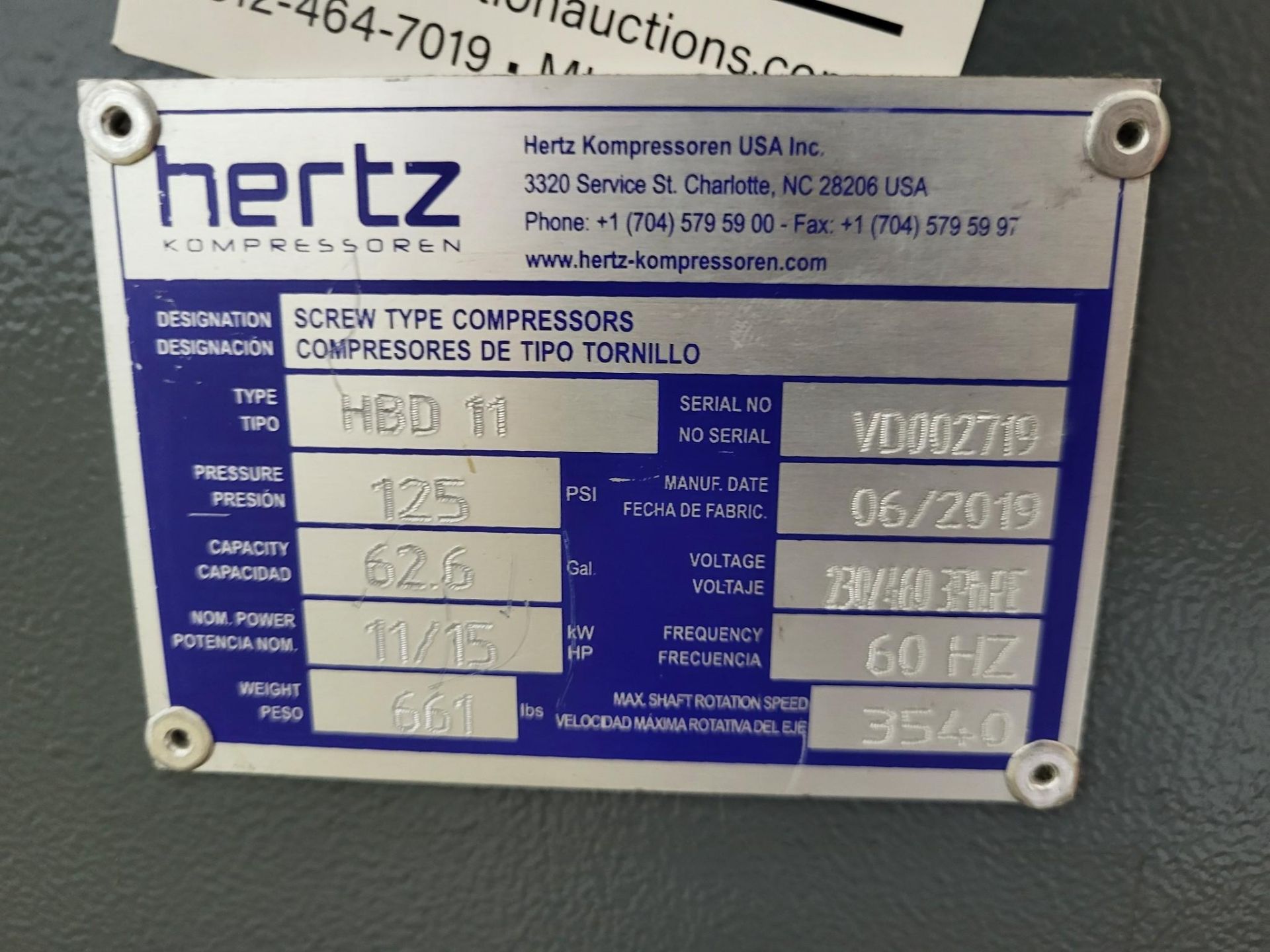 2019 HERTZ HBD11 SCREW COMPRESSOR - Image 5 of 8