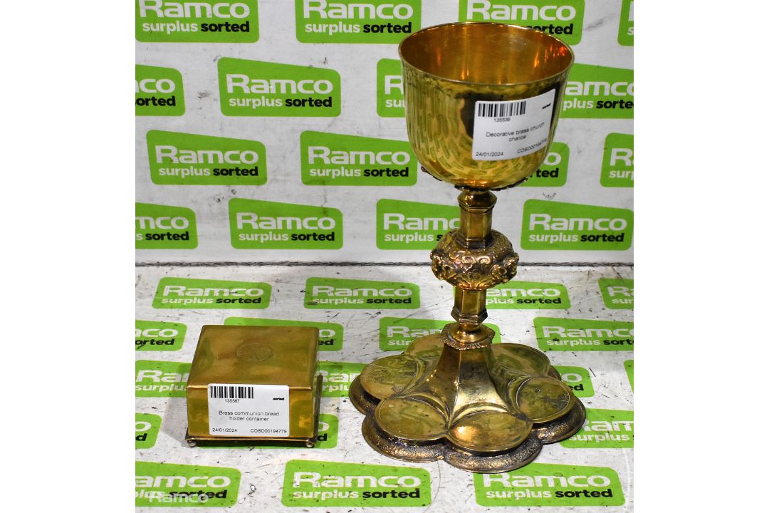Decorative brass church chalice & Brass communion bread holder container - Image 1 of 6