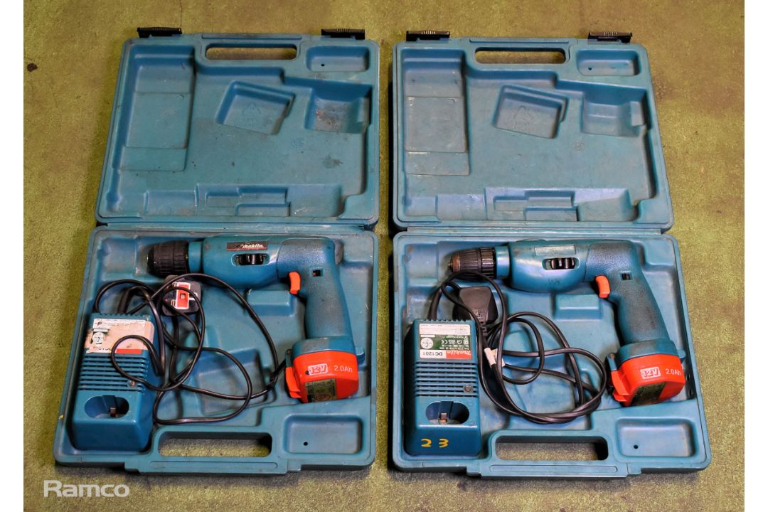 2x Makita 8411D cordless drills - DC1201 charger - 1x 12V battery and case - Image 1 of 7