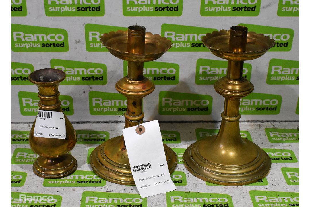 Pair of Brass candlesticks & Small brass vase - Image 1 of 6