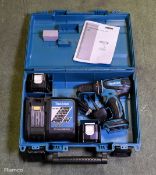 Makita BHP446 cordless hammer driver drill with DC18RC charger, 2x 14.4V batteries and case