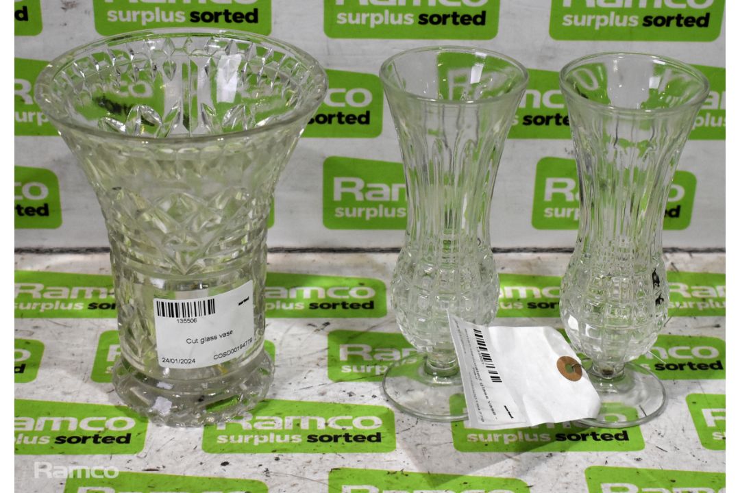 Cut glass vase & Pair of Small decorated glass vases - Image 1 of 4