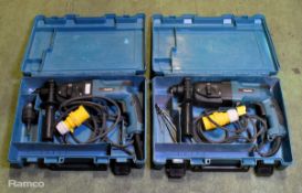 2x Makita HHR2450 110V electric rotary hammer drills with case