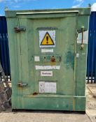 Bunded chemical storage container with 2 tier shelving and storage cabinet