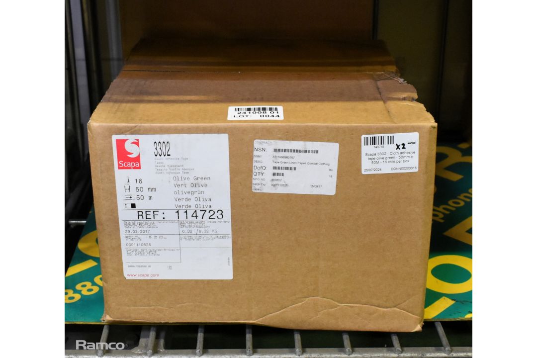 2x boxes of Scapa 3302 cloth adhesive tape olive green - 50mm x 50M - 16 rolls per box - Image 3 of 4