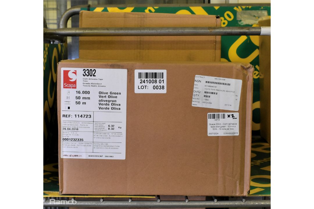 2x boxes of Scapa 3302 cloth adhesive tape olive green - 50mm x 50M - 16 rolls per box - Image 6 of 6