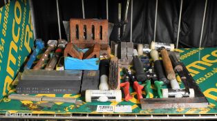 Workshop tools - metal shears, hammers, vee blocks, sharpening stones, squares & wire brush