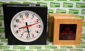 2x Leitch ADC-5112 studio wall mount clocks & 2x Wharton Electronics LED digital studio clocks