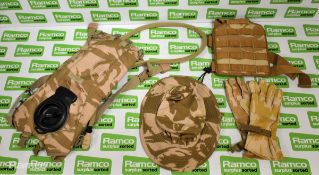 British Army Desert mixed accessories to include water pouches, armour covers, knee pads, field pack