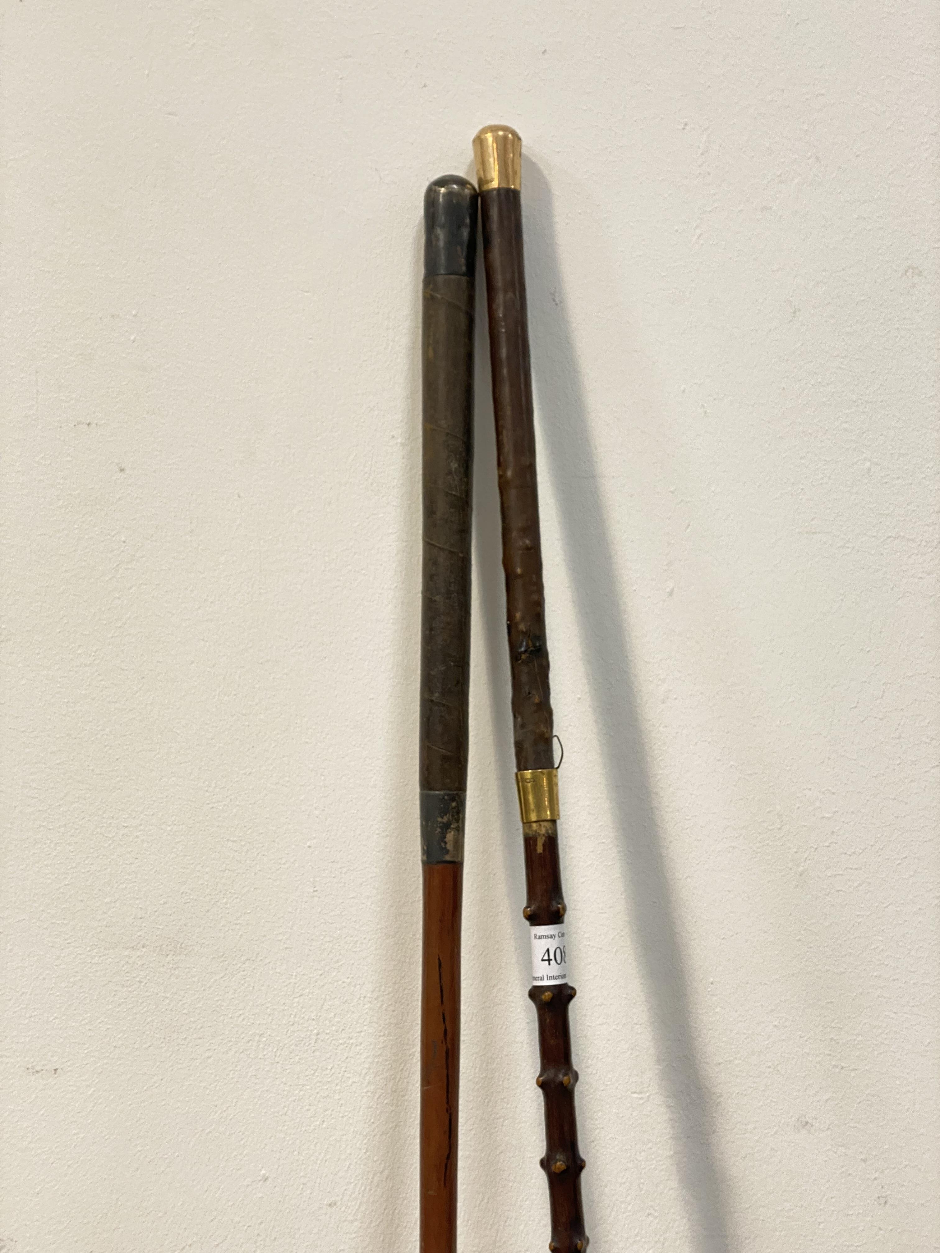 A 19th century gold mounted hawthorn coaching whip with leather handle, the mounts stamped 'F.W.