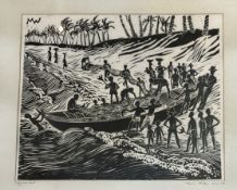 Marie Whitby Sakumono Beach, lino print, signed, titled and dated 1963 bellow, framed. (39cmx47cm)