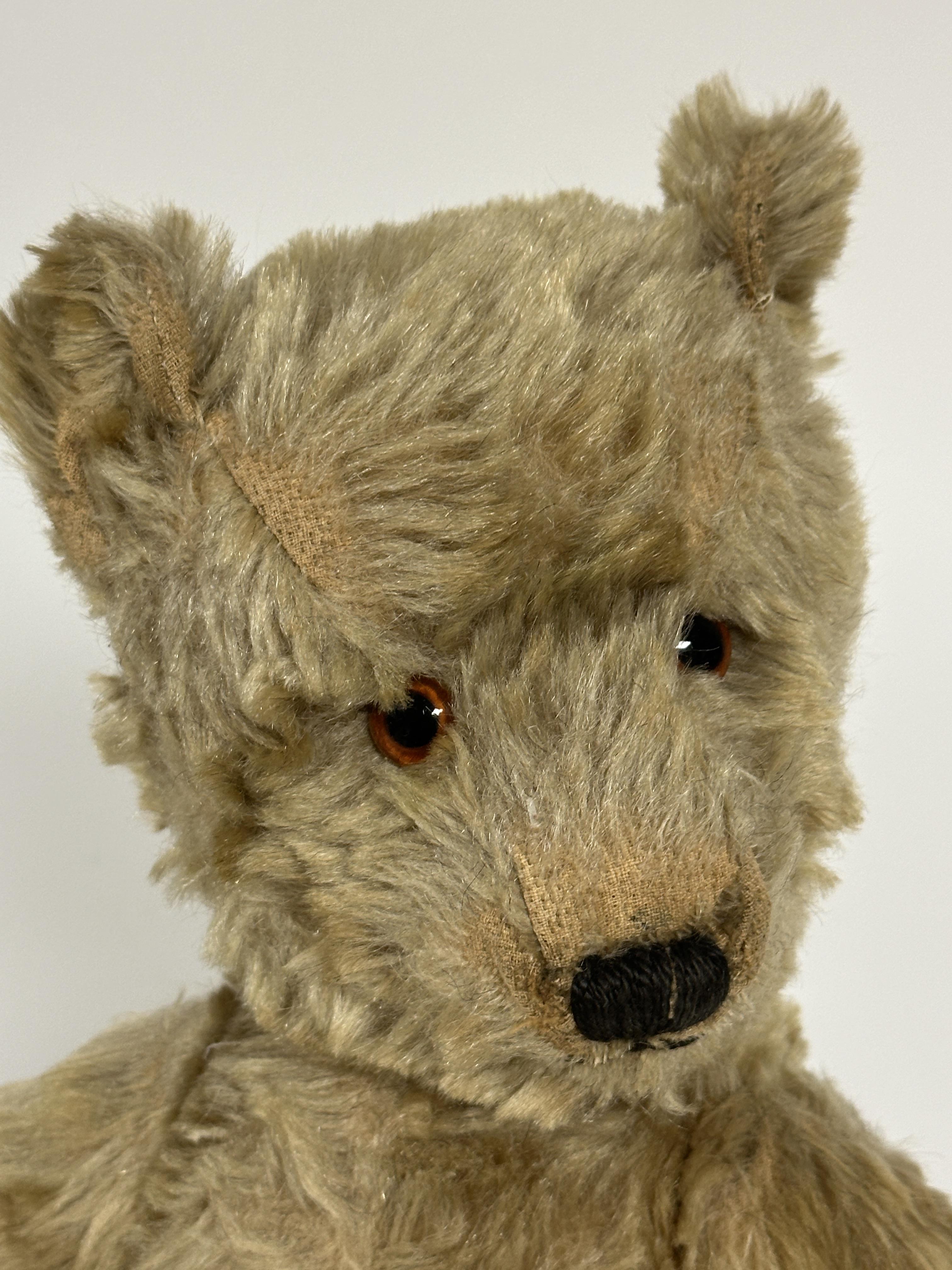 A 1920s golden mohair straw filled teddy bear with inset glass eyes, stiched nose and mouth and - Image 2 of 4