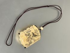 A modern Japanese style carved bone Inro mounted on burgundy cord and bead Ojime and four sections