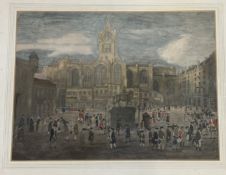 Unknown artist, a coloured 18thc British square bookplate, watercolour and pencil, unsigned, framed.