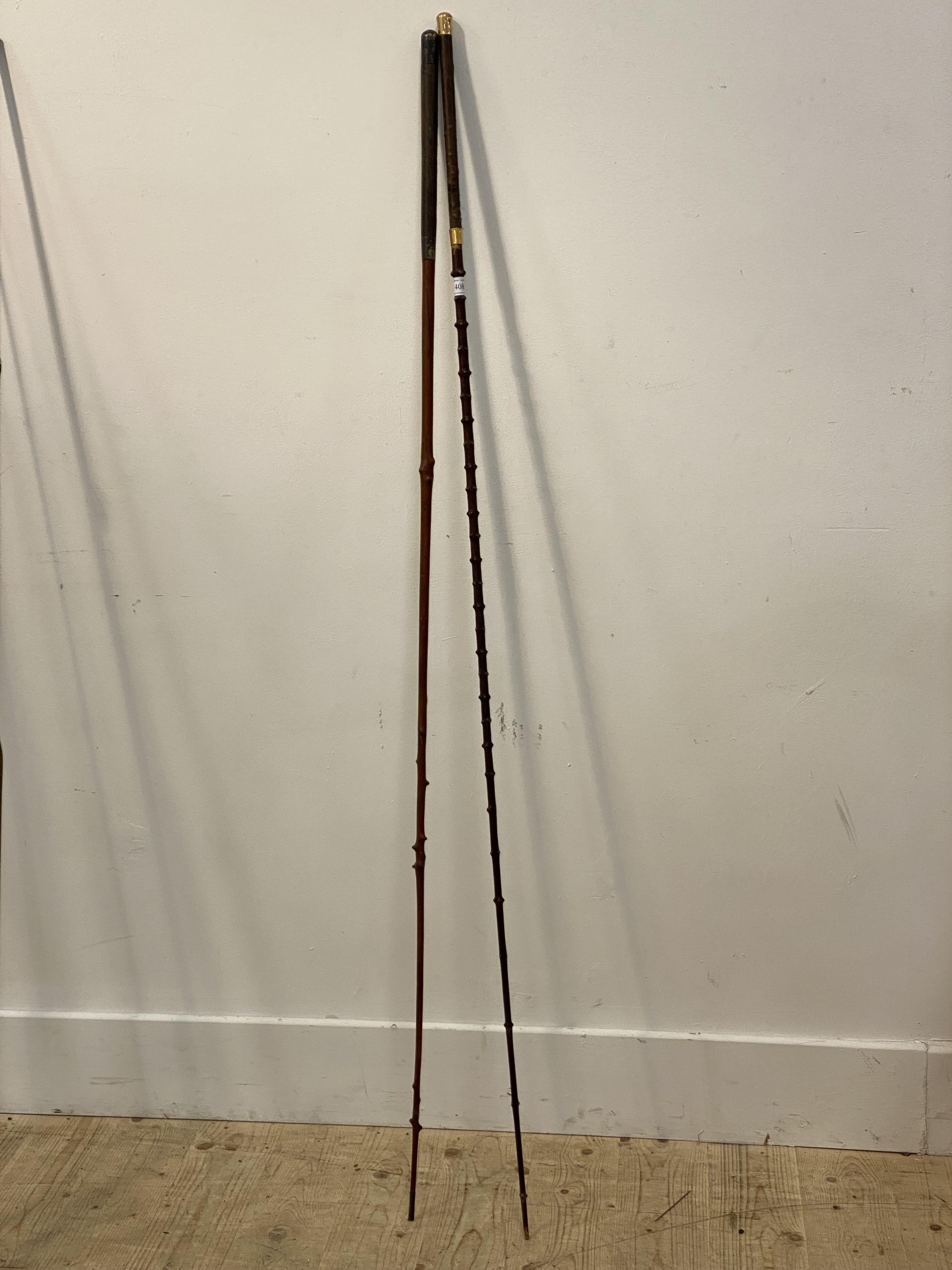 A 19th century gold mounted hawthorn coaching whip with leather handle, the mounts stamped 'F.W. - Image 2 of 2