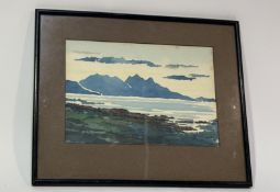 Gwendolen Mathewson, Rum, Eigg and Canna from Arisaig, watercolour unsigned, artist details verso,
