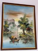 P.W Cheng, Junks in the riverbank with mountains to background, acrylic on board, signed bottom