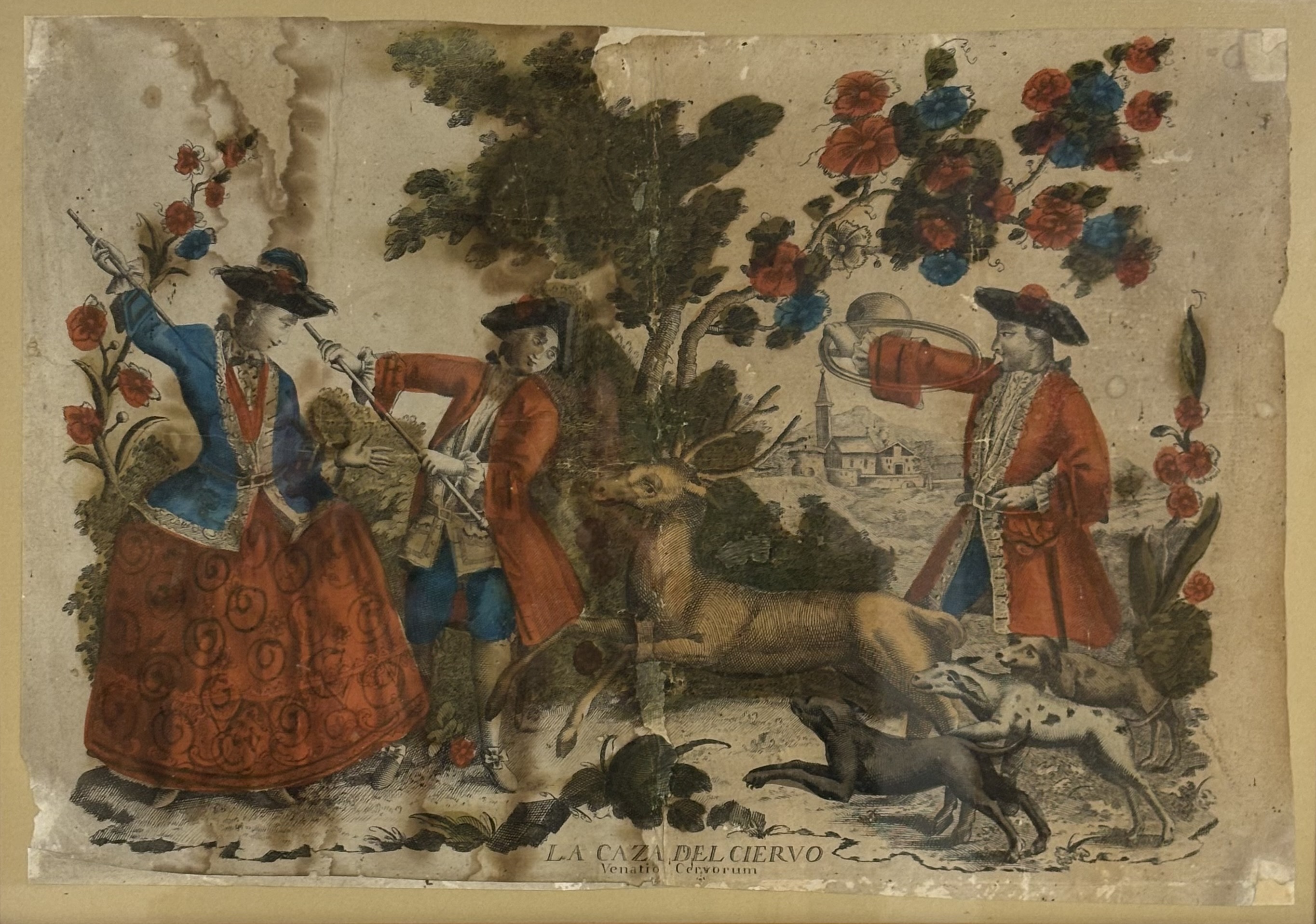 Property of the Late Countess Haig: a Spanish coloured engraving, "La Caza del Ciervo" (The Stag - Image 2 of 2