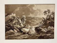 19th century monochrome wash, cattle in a landscape, bears signature 'J J Chalon' (possibly John Jam