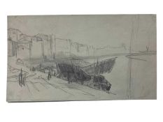 Attributed to Edward Lear (1812-1888), pencil on coloured paper, harbour scene with vessels, 14 x 24